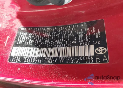 2019 Toyota Corolla Le из США, поврежденный, VIN 5YFBURHE3KP924684